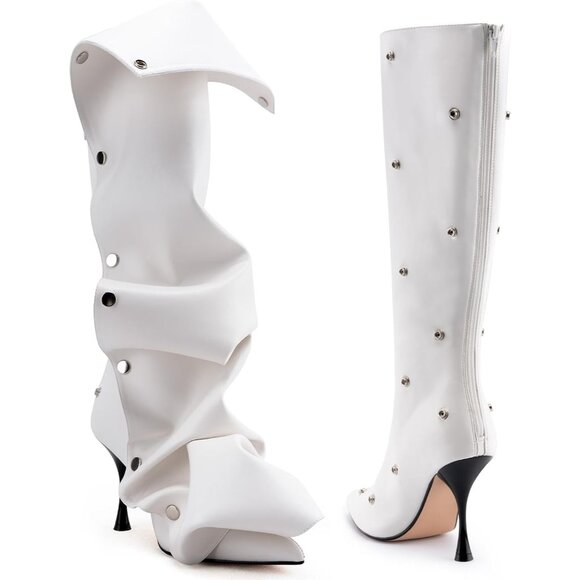 Women White Suede Detachable Snap-off Panel Fold Over Fall Shark Knee High Boot - Picture 7 of 7